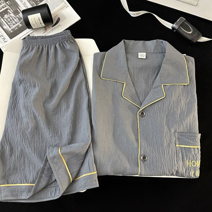 Pijamas de hilo de algodón puro de nubes panda a rayas japonesas Traje de manga corta de verano para hombres Cárdigan casual Servicio a domicilio Verano