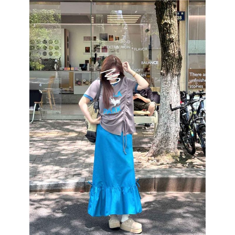 大码胖mm韩系拼接撞色字母短袖T恤女装夏季巨显瘦半身裙时尚套装|undefined