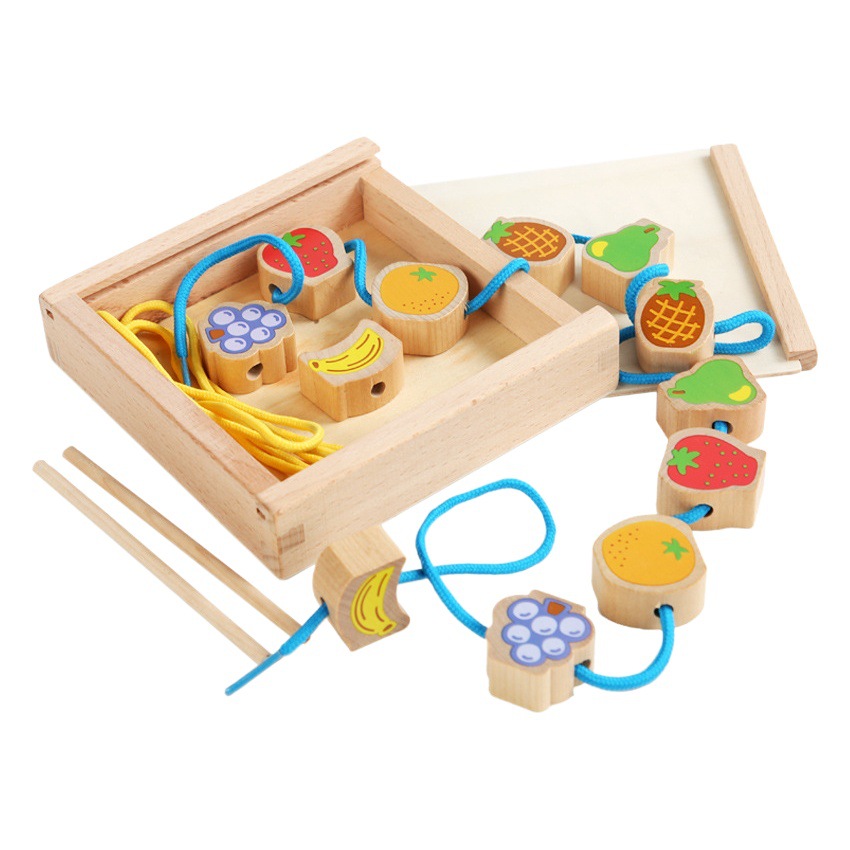 Montessori niños cuentas bloques de construcción bebé fruta enhebrar cuerda madera juego juguetes educativos al por mayor