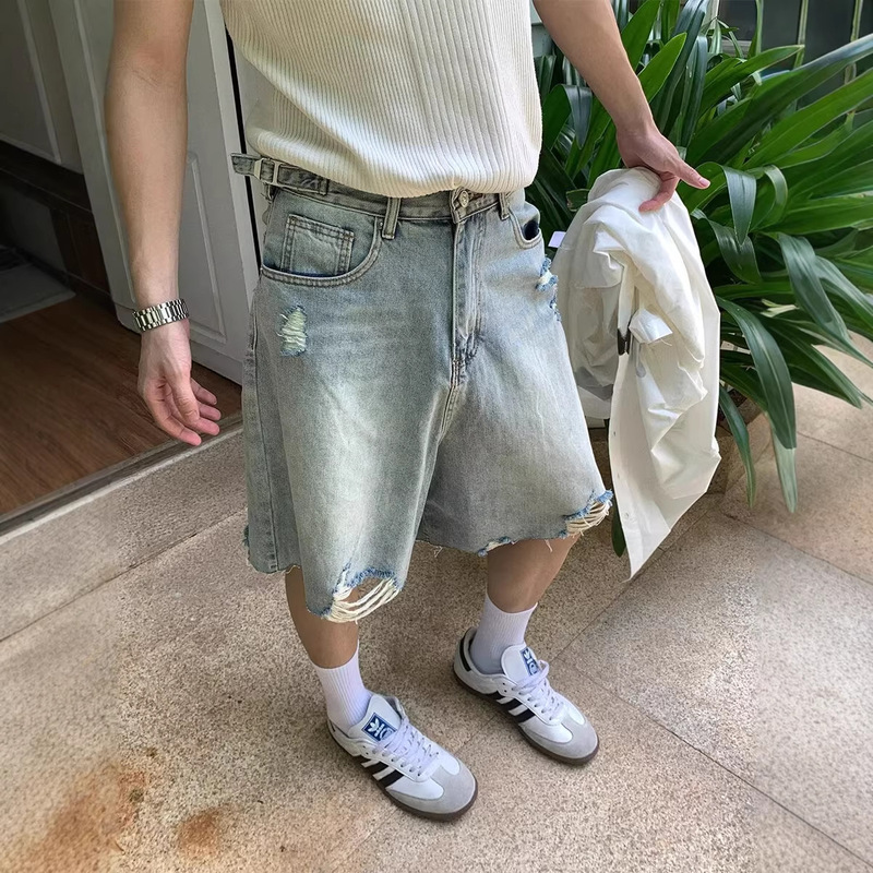 American-Style Trendy Retro Washed Distressed Ripped Denim Shorts for Men, Summer Casual Loose Wide-Leg Five-Point Pants American-Style Trendy Retro Washed Distressed Ripped Denim Shorts for Men, Summer Casual Loose Wide-Leg Five-Point Pants