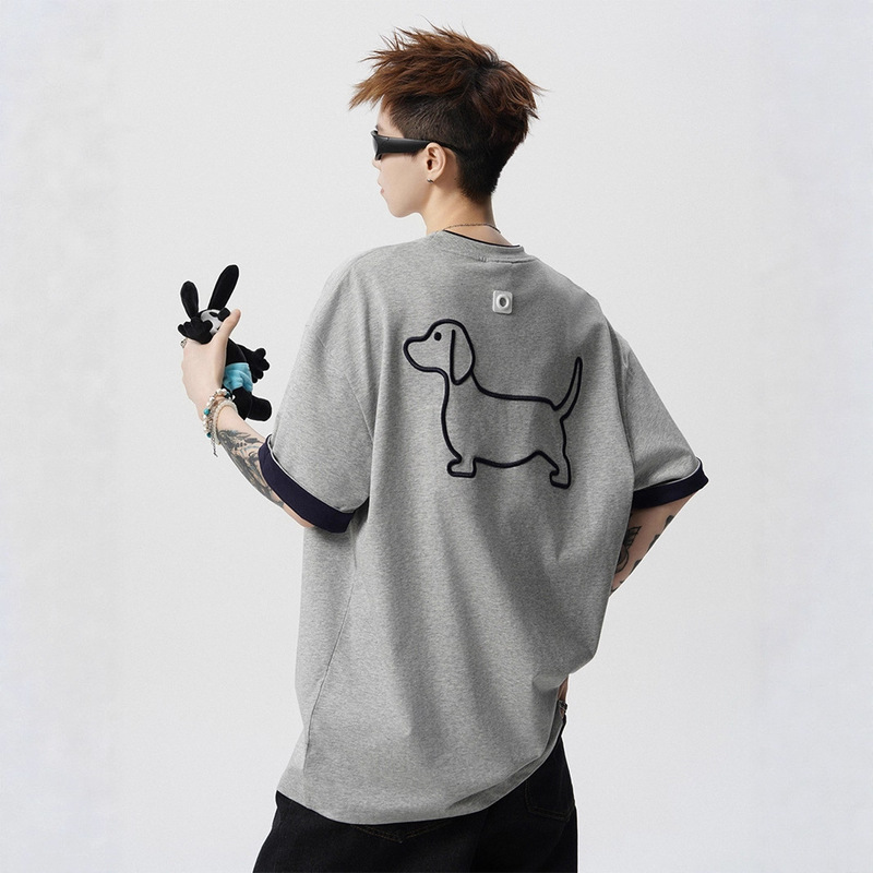 American-Style Hollow-Out Puppy Embroidery Short-Sleeve T-Shirt for Men and Women, Summer High-Street Color-Blocking Loose-Fitting High-End Top American-Style Hollow-Out Puppy Embroidery Short-Sleeve T-Shirt for Men and Women, Summer High-Street Color-Blocking Loose-Fitting High-End Top