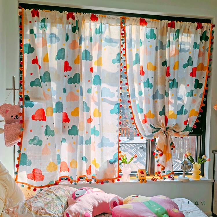 Children's Room Sheer Curtain, Light-Transmitting but Not See-Through, Decorative Curtain, No-Punch Lace, Large Pom-Pom Curtain, Partition Curtain, Semi-Privacy