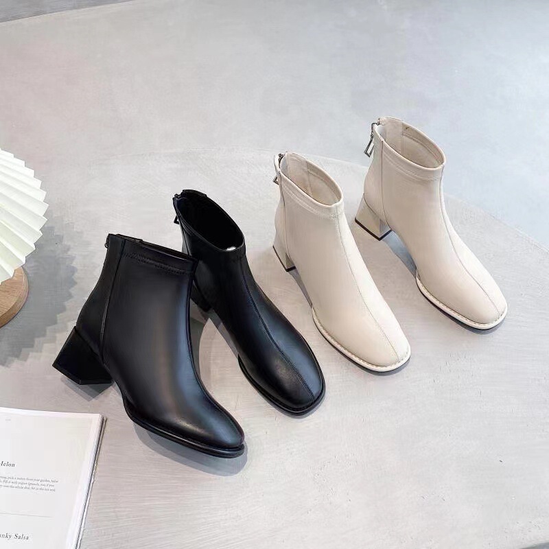 Year-End Clearance Genuine Leather Short Boots Square Toe Chunky Heel Women's Low-Cut High-Heeled Sheepskin Fashion Boots Leather Boots Women's Korean Style with Fleece Lining