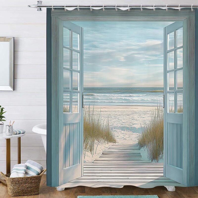 Hjokiupt Blue Beach Barn Door Shower Curtain, Rural Ocean Coastal Scenery Decorative Bathroom Curtain Hjokiupt Blue Beach Barn Door Shower Curtain, Rural Ocean Coastal Scenery Decorative Bathroom Curtain