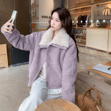 蓝色羊羔毛外套女冬短款2025新款仿皮毛一体加绒加厚保暖棉服袄