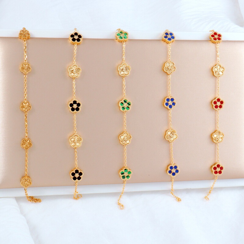 Cross-Border V-Gold High-End Version Five-Leaf Clover Sparkling Diamond Bracelet Stainless Steel with Diamonds in the Middle Double-Sided Diamond-Studded Chain Flower Design Cross-Border V-Gold High-End Version Five-Leaf Clover Sparkling Diamond Bracelet Stainless Steel with Diamonds in the Middle Double-Sided Diamond-Studded Chain Flower Design