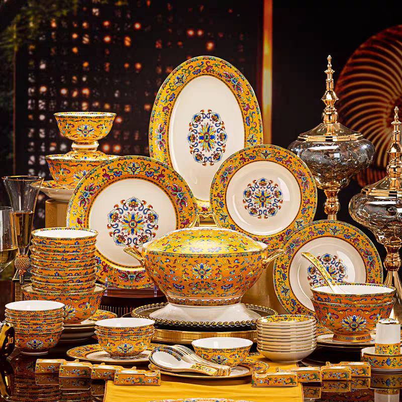 Jingdezhen Tableware Set, Chinese Enamel Palace-Style Bone China Bowls, Plates, and Dishes, Complete Set Wholesale Gift Box Jingdezhen Tableware Set, Chinese Enamel Palace-Style Bone China Bowls, Plates, and Dishes, Complete Set Wholesale Gift Box