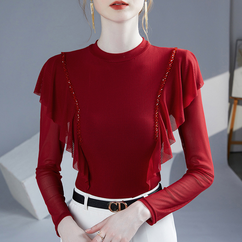 新しいスタイルのフリルビーズボトムシャツ 2025 春メッシュ長袖ファッショナブルな女性のトップスクエアダンスシャツ|undefined