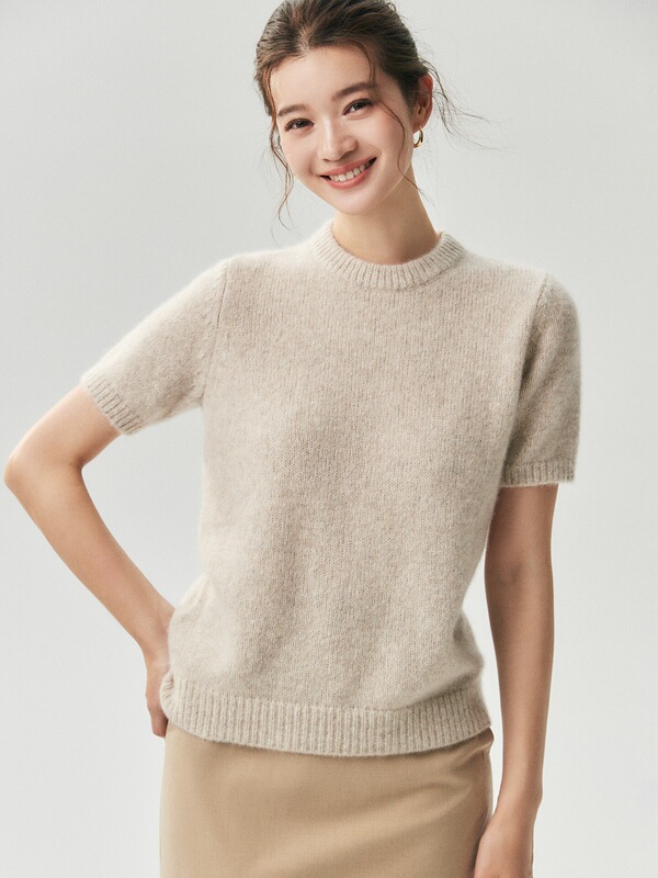Kangbaolai Fancy Yarn ~ 25% Silk 75% Cashmere Women's Short Sleeve Knit Sweater Round Neck Thick Sweater