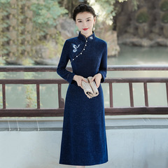 顯瘦奧黛改良旗袍2024新款年輕款女復古長袖日常媽媽裝連衣裙秋冬