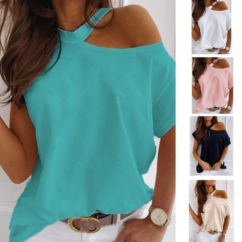 Spot cross-border foreign trade 2023 spring and summer Amazon new European and American cold shoulder T-shirt collar solid color women's T-shirt