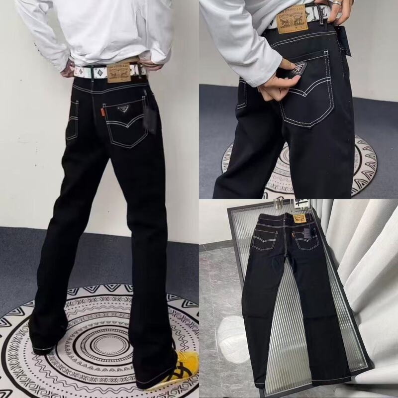 Triangular Logo Embroidery New Trendy Brand Popular Loose Straight Men's Elastic Slim Casual Jeans