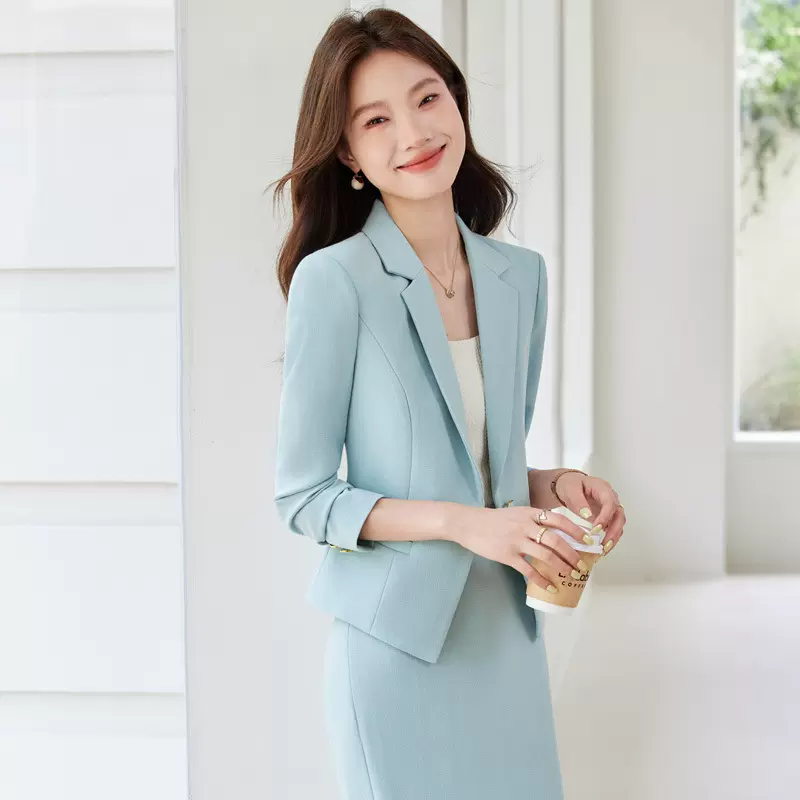 浅蓝色眼前一亮的过膝长裙套装女装职业新款通勤套装裙超有气质