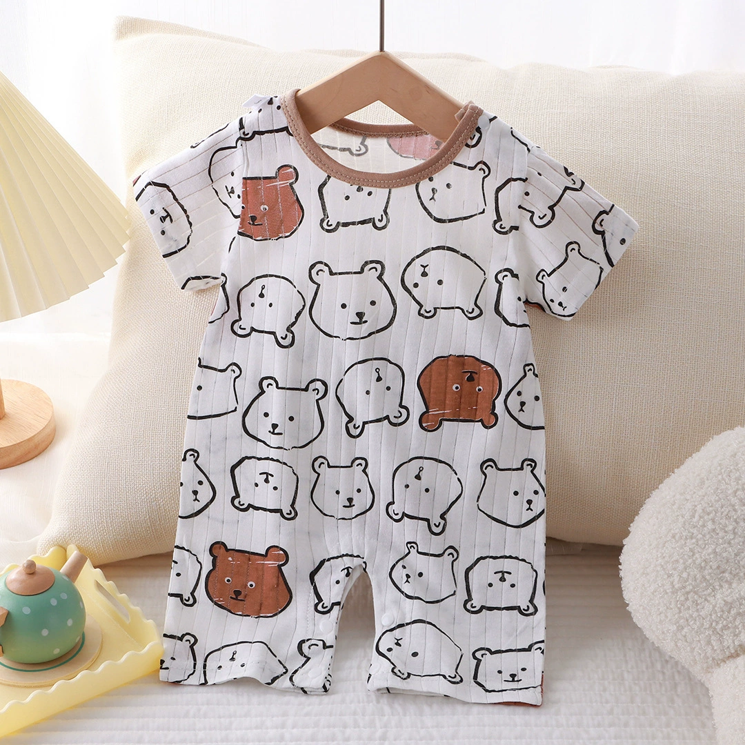 Baby short-sleeve bodysuit, cotton summer romper, sizes 59–90 cm, dinosaur & solid prints