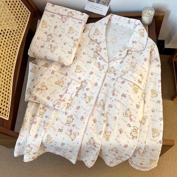 Al por mayor transfronterizo primavera y otoño nuevo pijama de mujer nubes de algodón con solapa cardigan de manga larga pantalones dulces set de ropa para el hogar