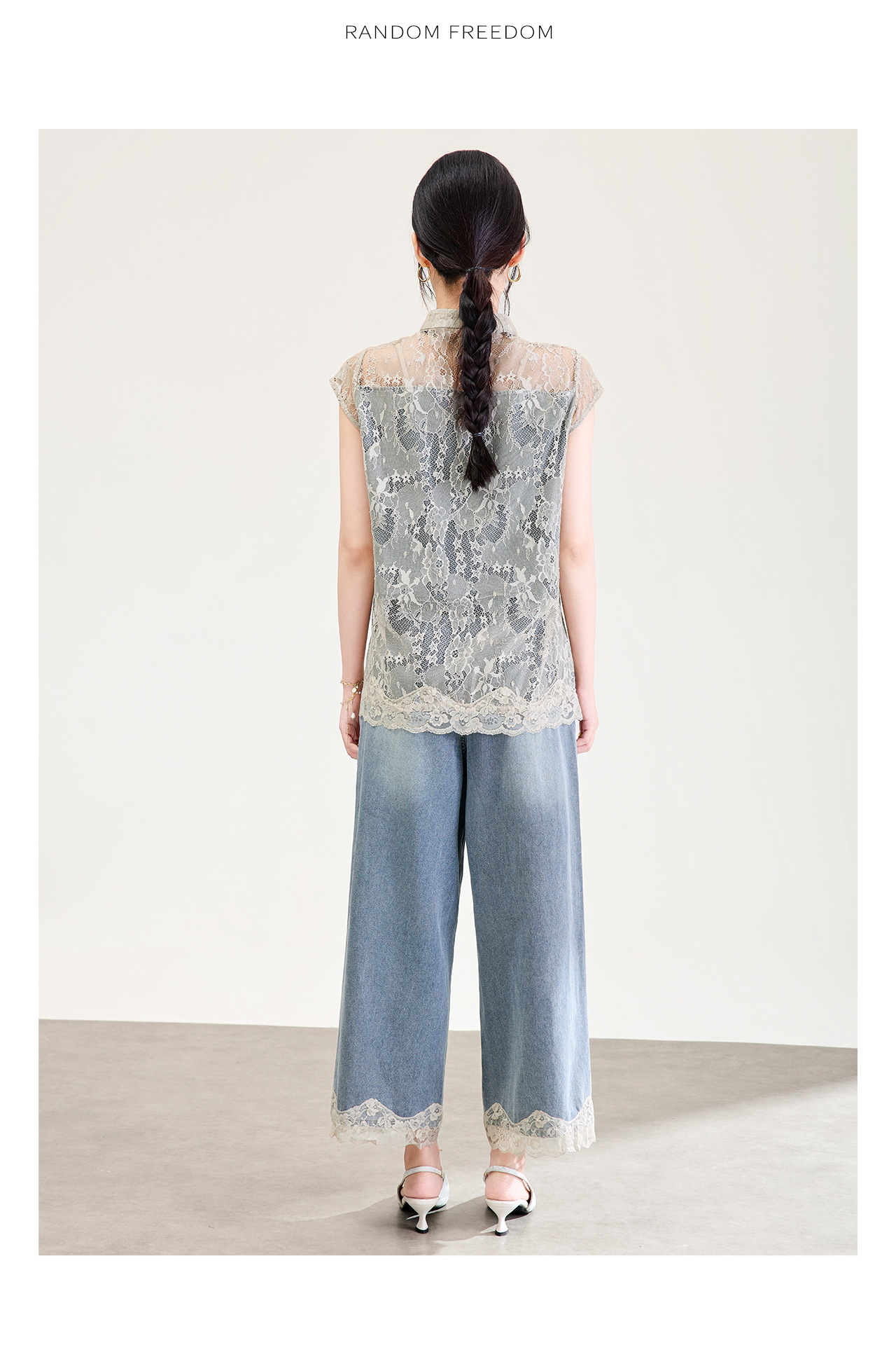 Bộ áo ren phối quần jeans nữ phong cách Trung Hoa mùa hè — màu kaki chi tiết 15