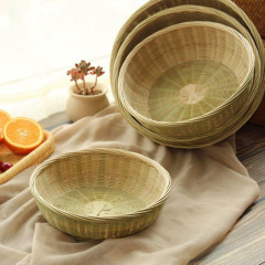 手作り竹編み製品竹バスケット竹ふるい果物バスケット収納バスケット円形竹ちりとり農家用竹バスケットトレイ
