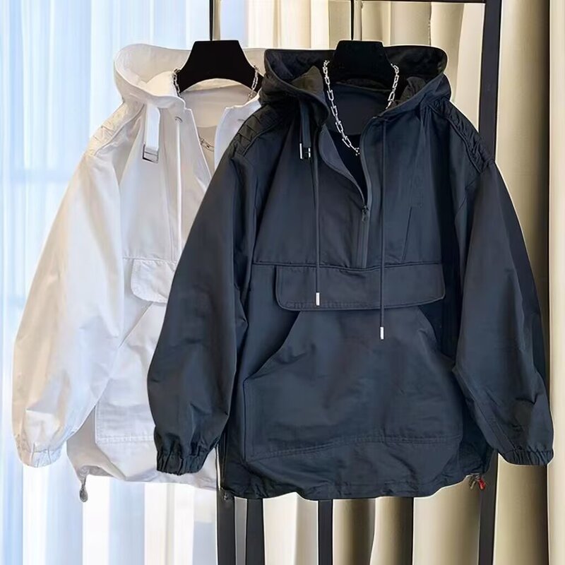 American Style Casual Loose Half Zipper Hooded Men's Work Clothes Early Autumn Fashion All-match Jacket