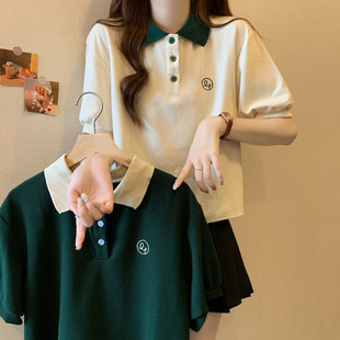 Plus Size Women's Right Shoulder Polo Shirt Short-Sleeved T-Shirt Women's Summer 2025 New Loose Fat mm Slim Lapel Top