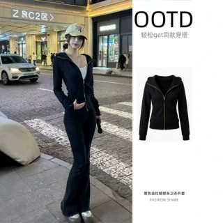 黑色修身卫衣外套女款秋季2026新款连帽瑜伽服韩系收腰正肩短上衣