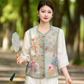 新中式国风欧根纱重工刺绣圆领马甲女2026夏季新款民族风复古背心