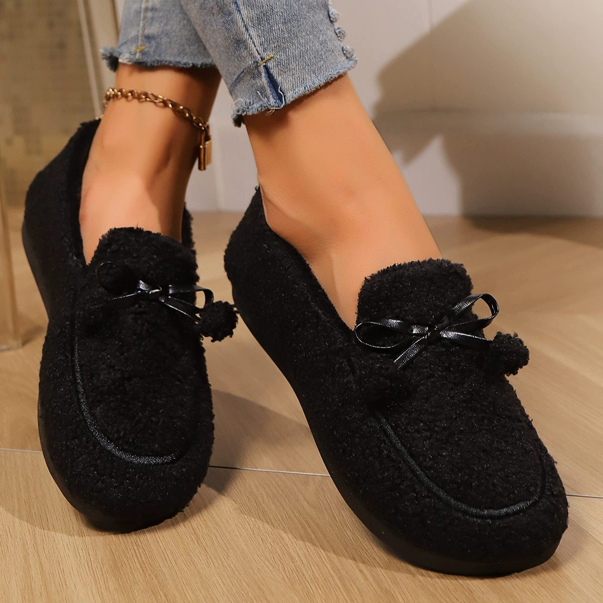 Сетка красный бант ватный перетаскивание зимний новый 2024 хлопчатобумажная обувь домашний хлопок тапочки бархат утолщенные теплые меховые туфли