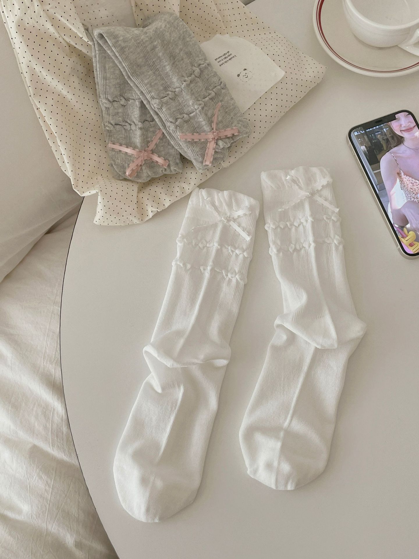 Coquette Romantic Ribbed Cotton Ruffle Bow Crew Socks For Sweet Vintage Styling Detail View 2