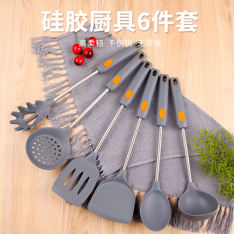 硅膠廚具公司熱賣亞馬遜304不鏽鋼硅膠湯勺鍋鏟硅膠 烹飪廚具