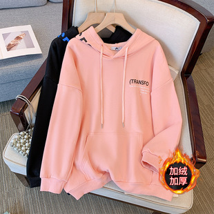 Deformation policy plus size women's clothing chubby girl hooded sweater autumn and winter fleece-lined thickened sweet fresh college style long-sleeved top