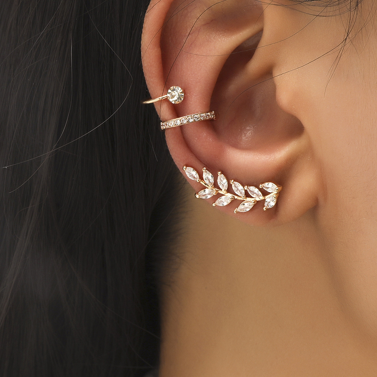 Cross-border Hot-selling Zircon Ear Clip Set ins Fashionable Elegant Leaf Ear Clip Ear Clip Simple Distinctive Earrings