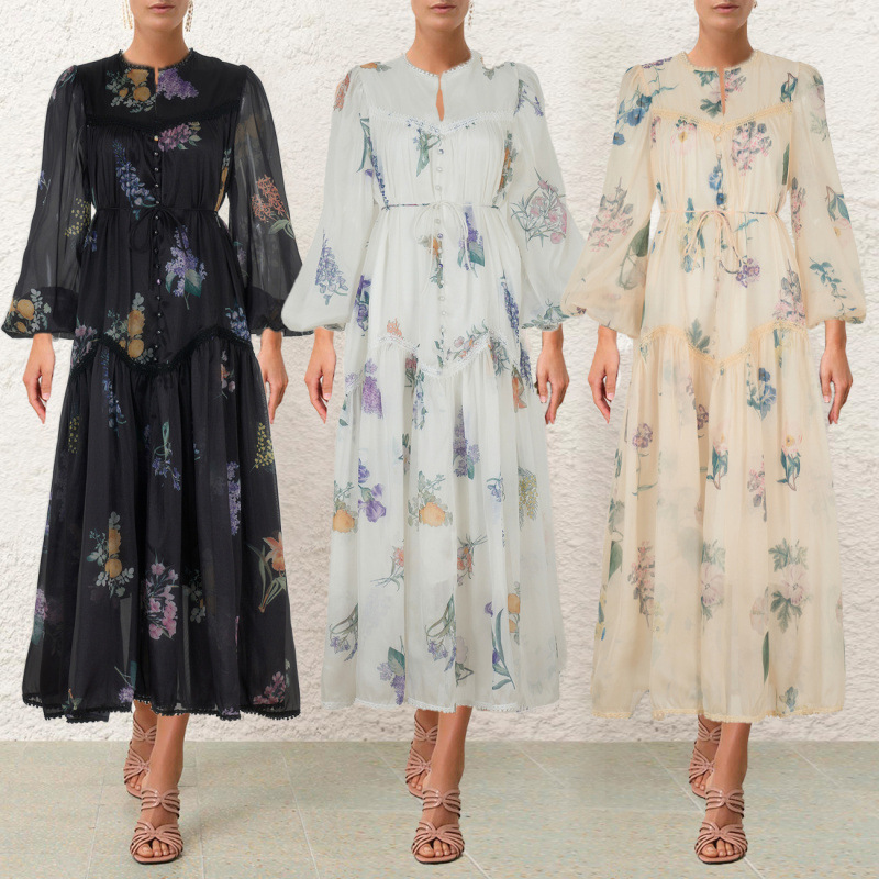 Cross-border independent station 2026 French-style extended-length lace long-sleeve tie dress, stunning floral French skirt Cross-border independent station 2026 French-style extended-length lace long-sleeve tie dress, stunning floral French skirt