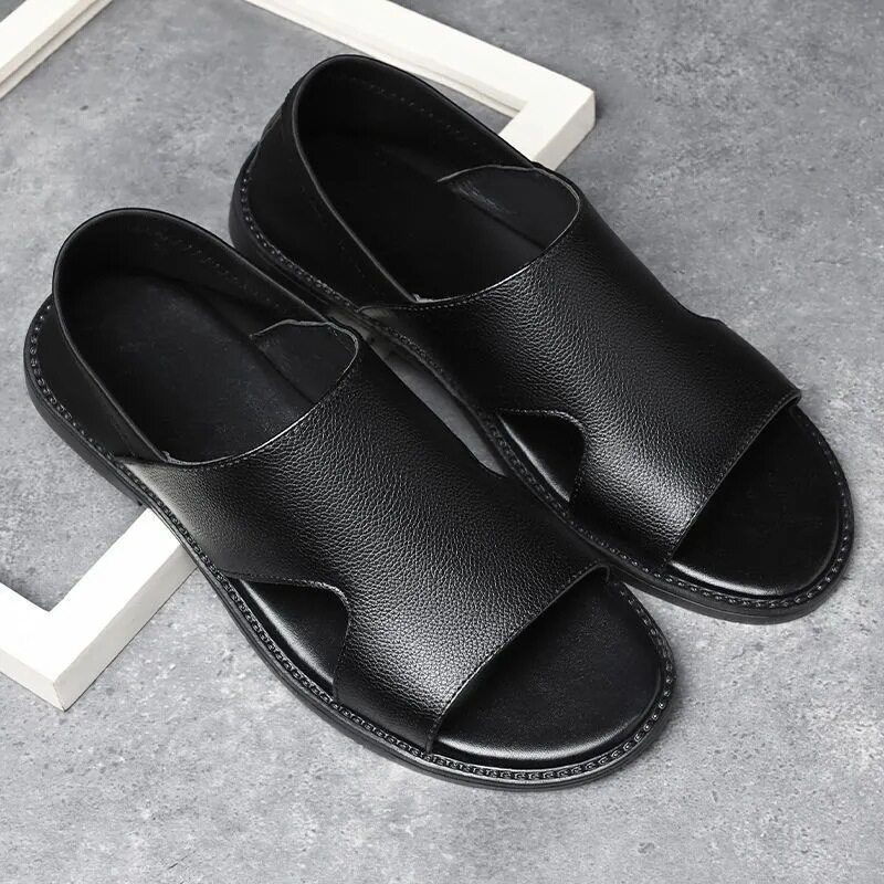 Dép sandal nam da bò thật đế mềm chống trượt kiểu Birkenstock — màu đen