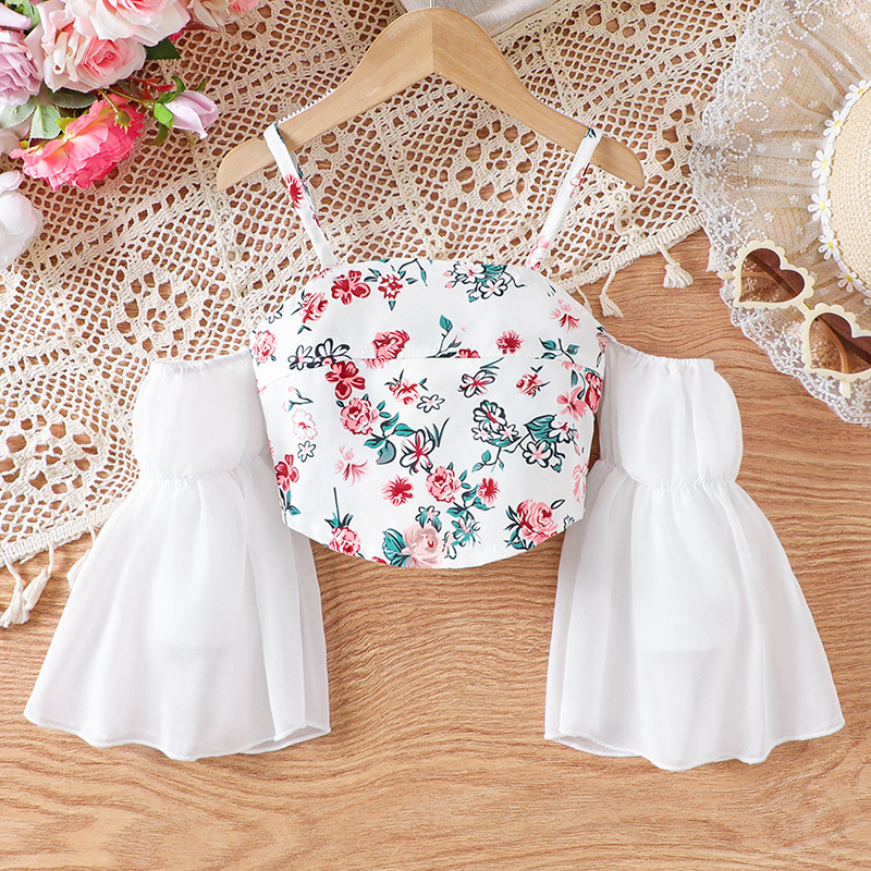 Camisola infantil estilo francés 2025 con mangas tres cuartos y estampado floral, 60g, se puede usar como prenda exterior, estilo sin mangas para niños pequeños.