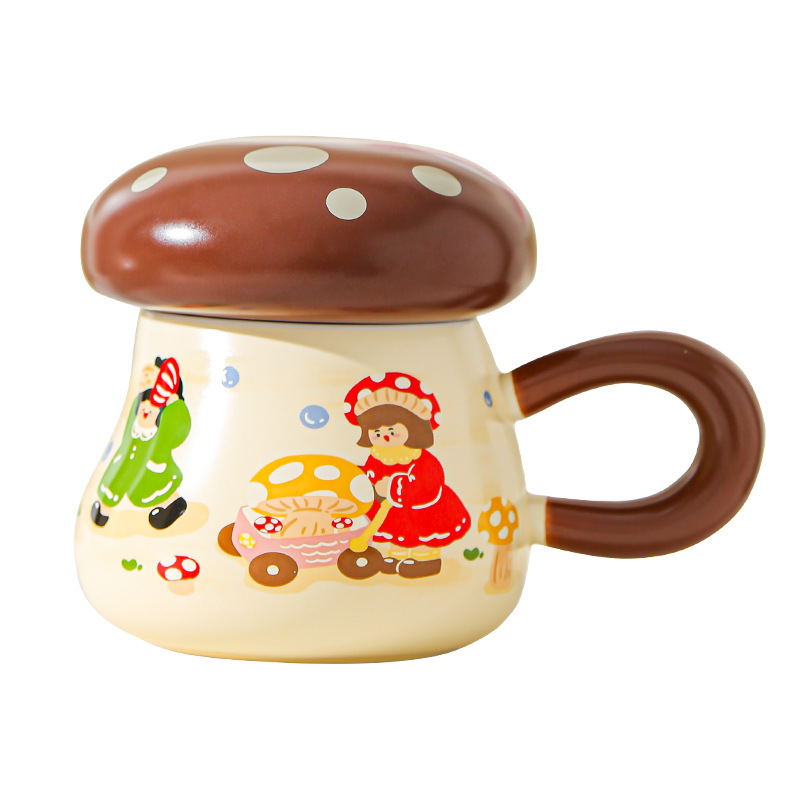 Hongo chica taza de alto valor facial acompañante regalo encantador taza de cerámica de dibujos animados con tapa de gran capacidad taza de agua potable