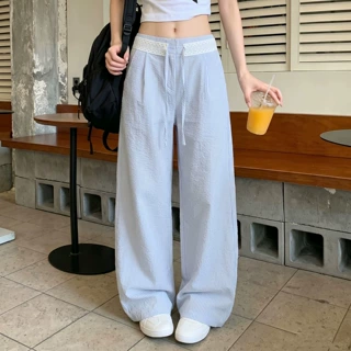 拼接花边蓝色条纹阔腿裤女夏季薄款高腰宽松显瘦小个子休闲直筒裤