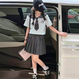 女童学院风裙子套装26夏新款大童韩版海军领短袖百褶裙女孩两件套