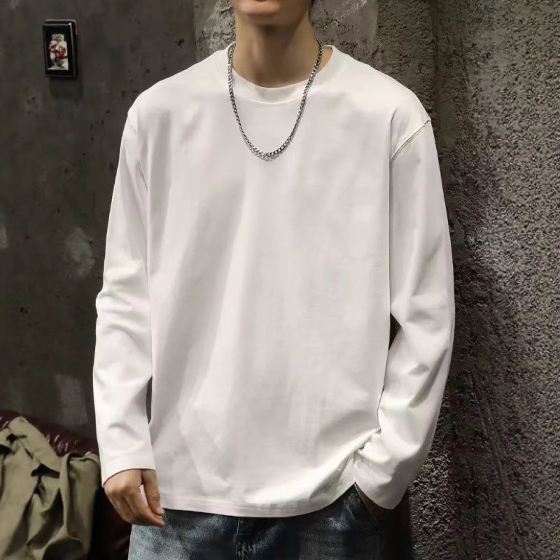 長袖Tシャツメンズ香港スタイルの新しい春と秋の厚手の純綿ルーズTシャツインナーレイヤリングシャツ無地トップ|undefined