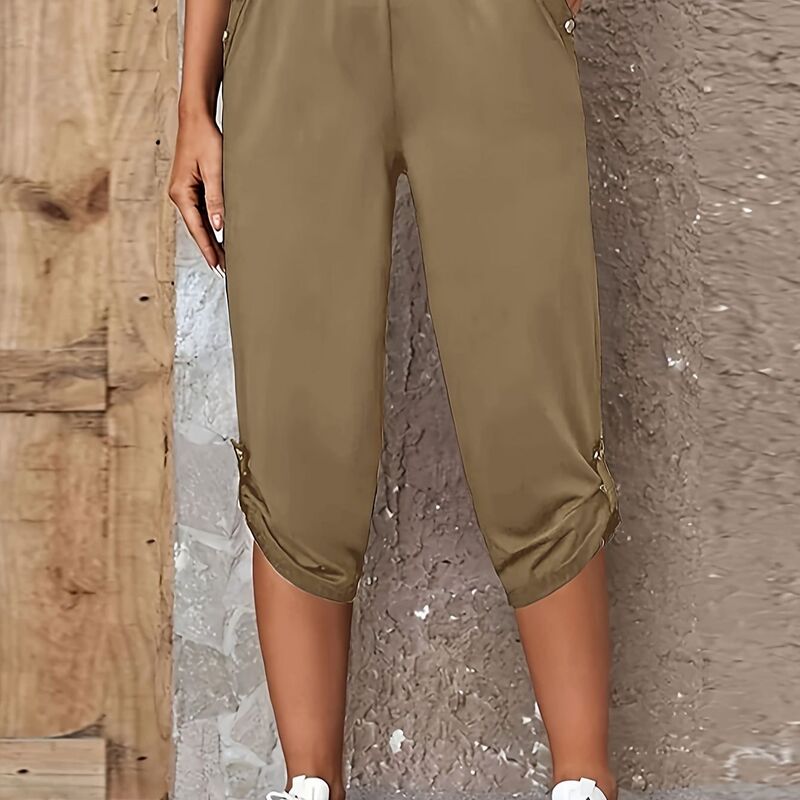 Plus-Size Women's Casual Cropped Pants with Snap Button Decorative Pockets