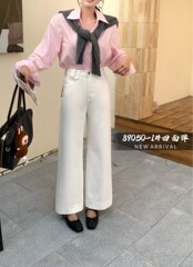 89050秋季新款四面弹白色直筒牛仔裤宽松新款高腰显瘦直筒奶奶裤