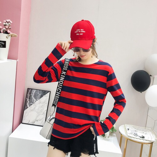 Spring and Autumn New Korean Style Loose Matchy Women's Striped Long Sleeve T-shirt Women's Base Shirt Top Striped Long Sleeve