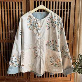 秋季新品宽松设计感休闲国风提花印花棉麻休闲开衫外套两面穿衬衫