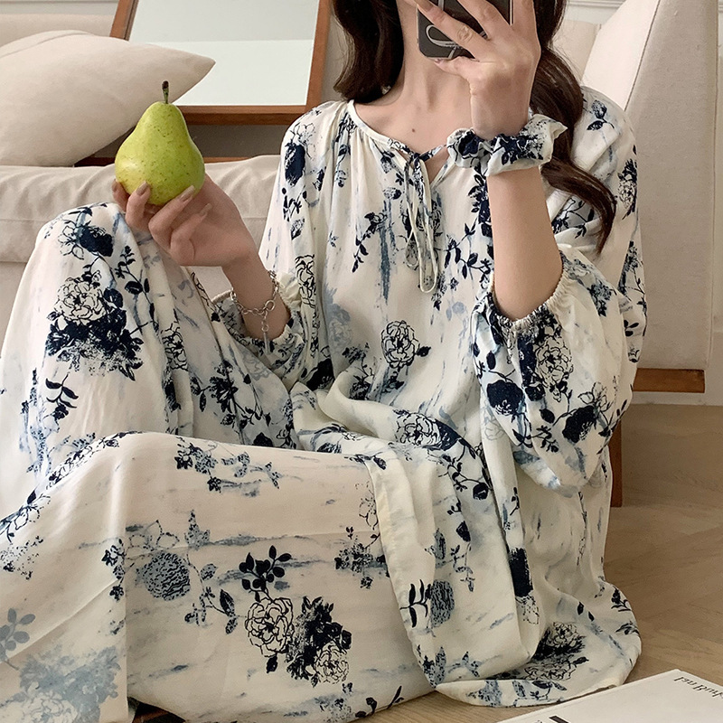 Summer Cotton Silk Long-sleeved Pajamas Women's Spring and Autumn Thin Printed Loose plus size chubby girl Plus Size Cotton Silk Home Clothes Summer Cotton Silk Long-sleeved Pajamas Women's Spring and Autumn Thin Printed Loose plus size chubby girl Plus Size Cotton Silk Home Clothes