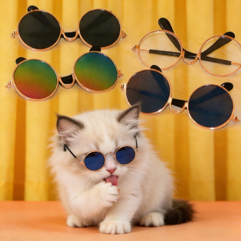 Fabricantes al por mayor perros gatos gafas de mascota tendencia creativa pequeña gafas de sol juguetes de algodón muñeca fotos gafas de sol