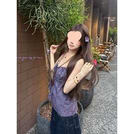 韩系复古风腰果花纹吊带背心女夏蝴蝶结绑带显瘦遮副乳露背上衣