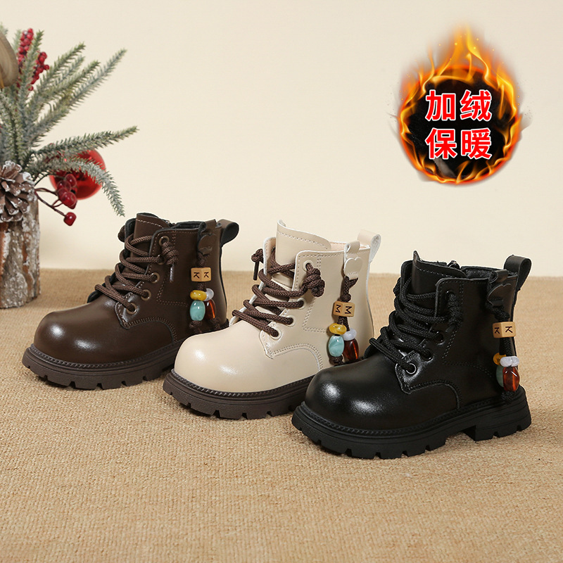 2025 Autumn and Winter Fashionable Children's Short Boots, Medium and Large Children's Princess Boots, Little Girls' Leather Boots, Warm Girls' Martin Boots