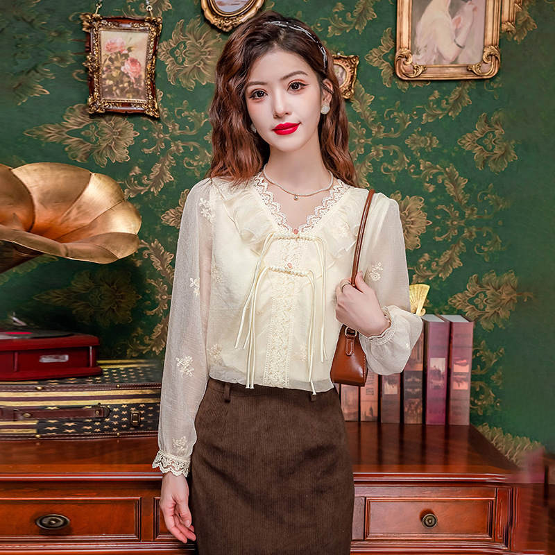 Real Shot Spring New Chinese Style National Style Button Ruffled Collar Chiffon Shirt Women's Sweet Gentle Chic Top