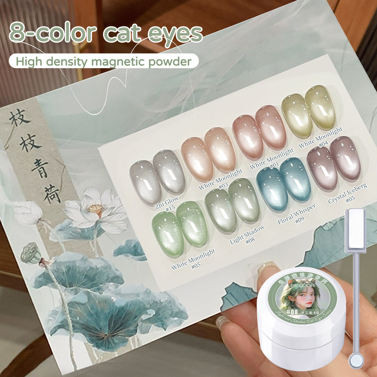 Gel de esmalte de uñas de ojo de gato de vidrio de loto transparente de rama 2025 nuevo gel de ojo de gato con cuentas de vidrio de espejo de alta densidad