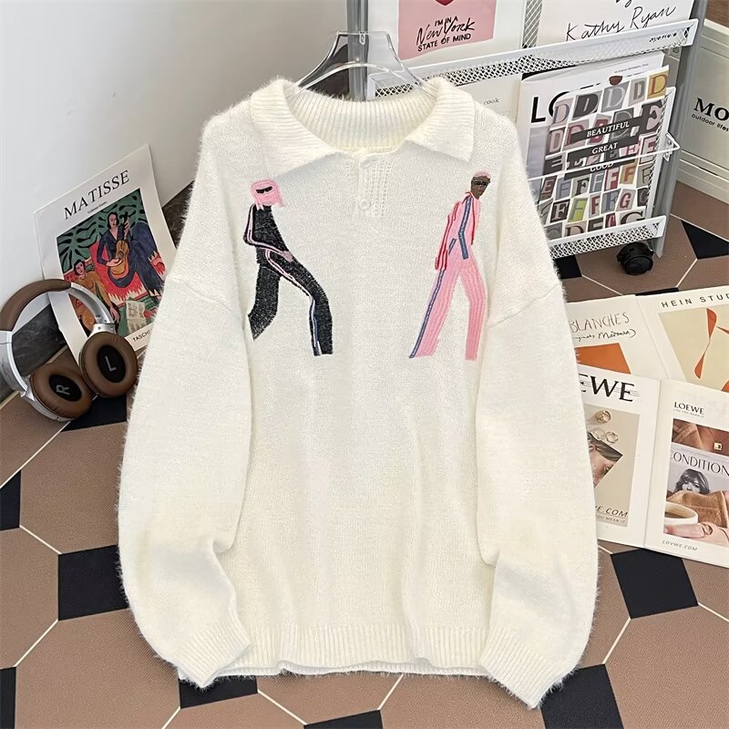 폴로 칼라 스웨터 남성 가을, 겨울 스웨터 아메리칸 스타일 INS 트렌드 느슨한 게으른 스타일 커플 디자인 탑