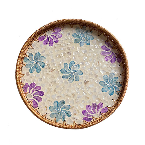 Handmade rattan shells, various colorful mother-of-pearl storage round round home and restaurant light luxury picnic baskets and high-end trays