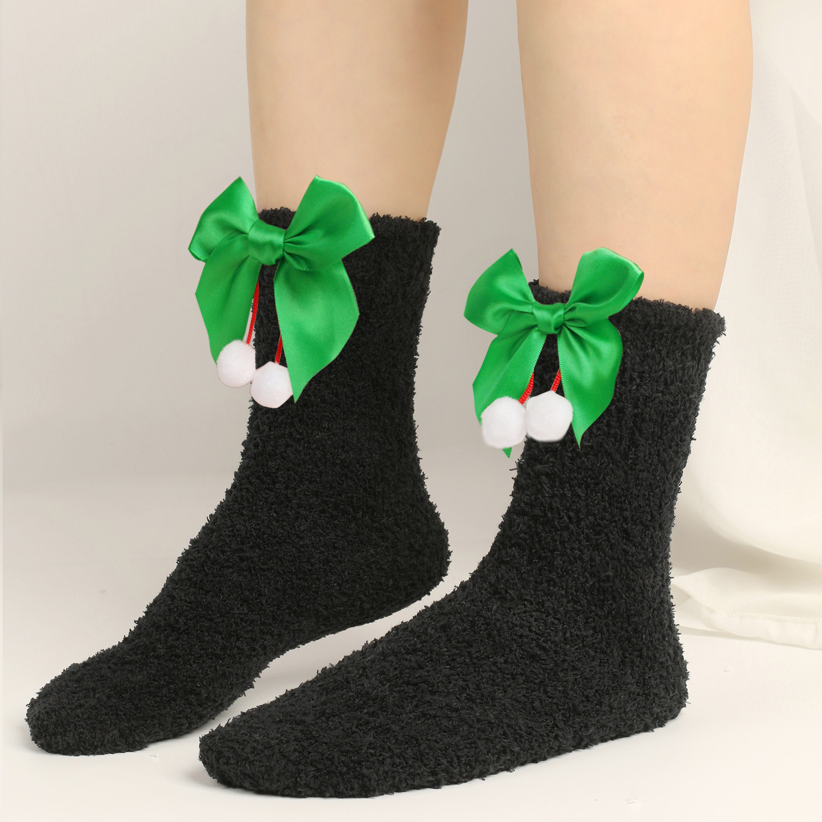 Calzini da donna Calzini spessi e caldi in peluche Calzini in pile corallo con fiocco Calzini a tubo medio autunnali e invernali Calzini con fiocco_voghion.com